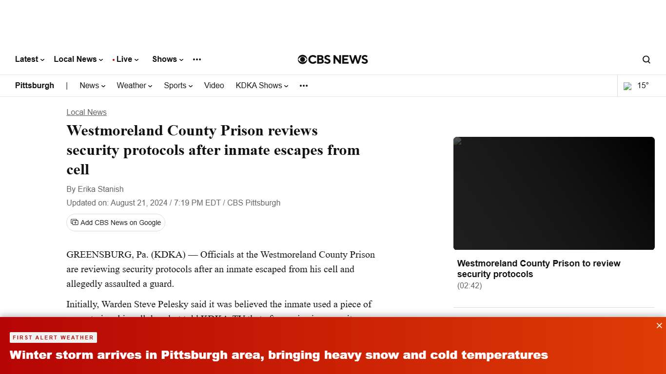 Westmoreland County Prison reviews security protocols after inmate escapes from cell - CBS Pittsburgh